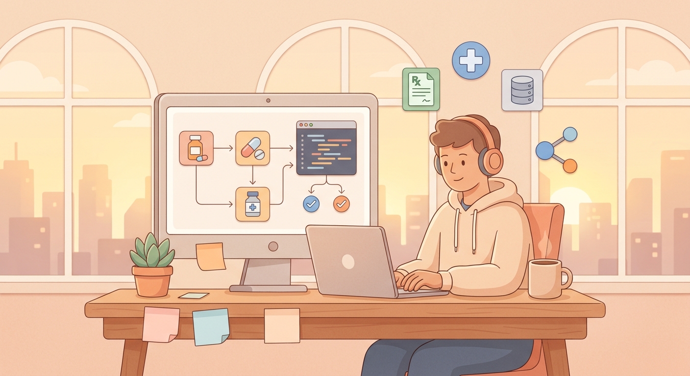 Illustration of a developer building drug prior authorization APIs with medication data flowing through a FHIR pipeline