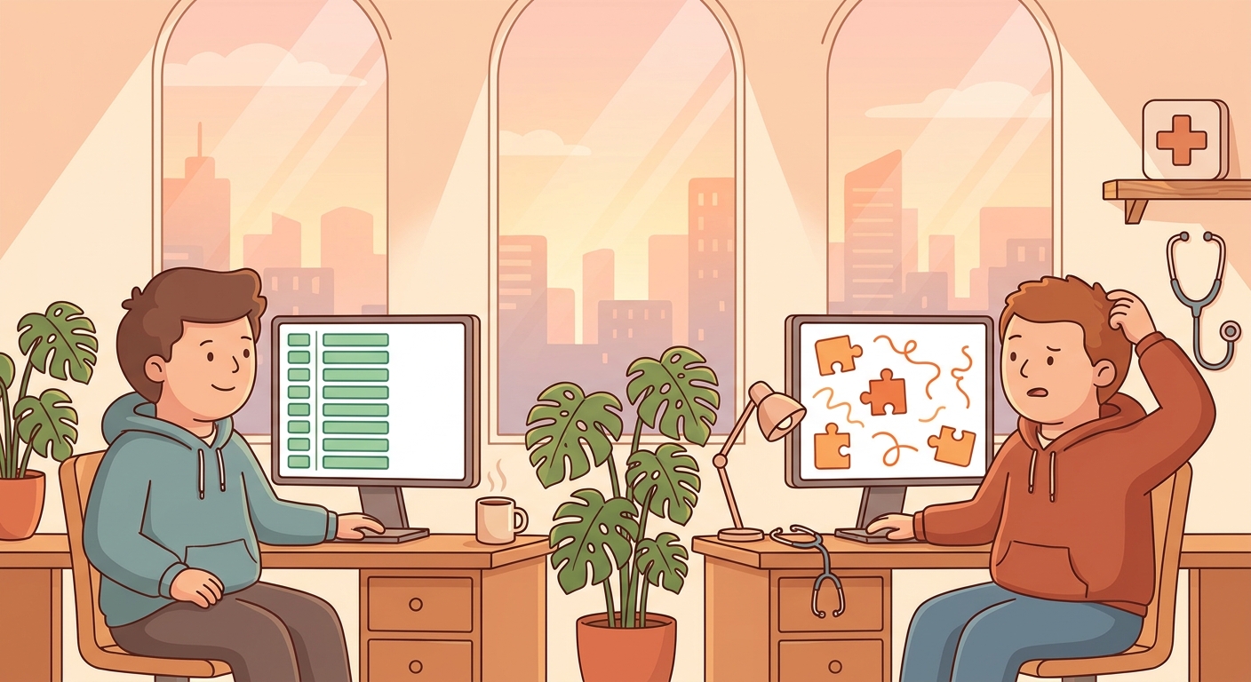 Two developers integrating a healthcare API from a warm, sunlit office