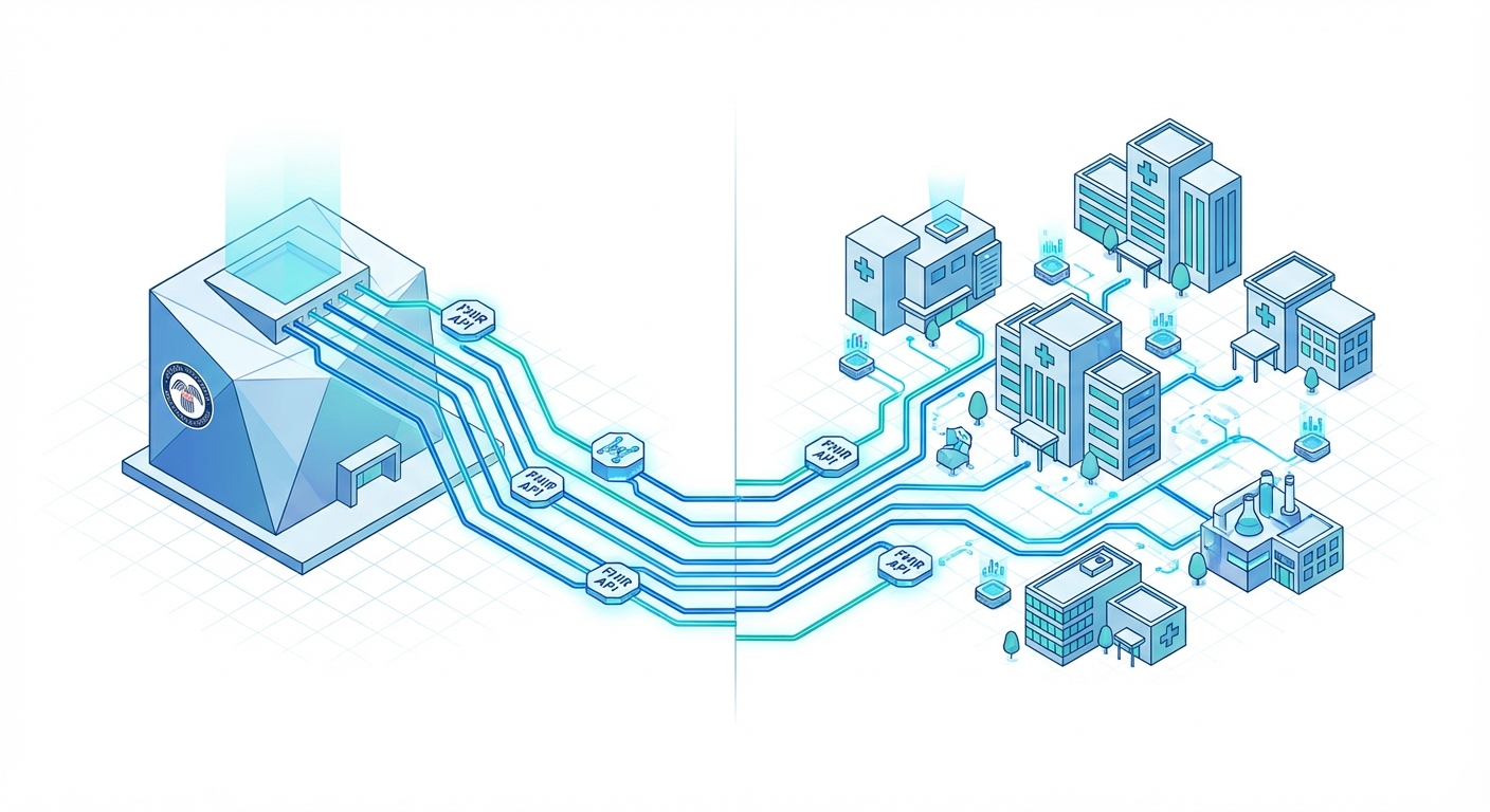 SSA joins TEFCA — federal building connected to healthcare network via FHIR API data pathways