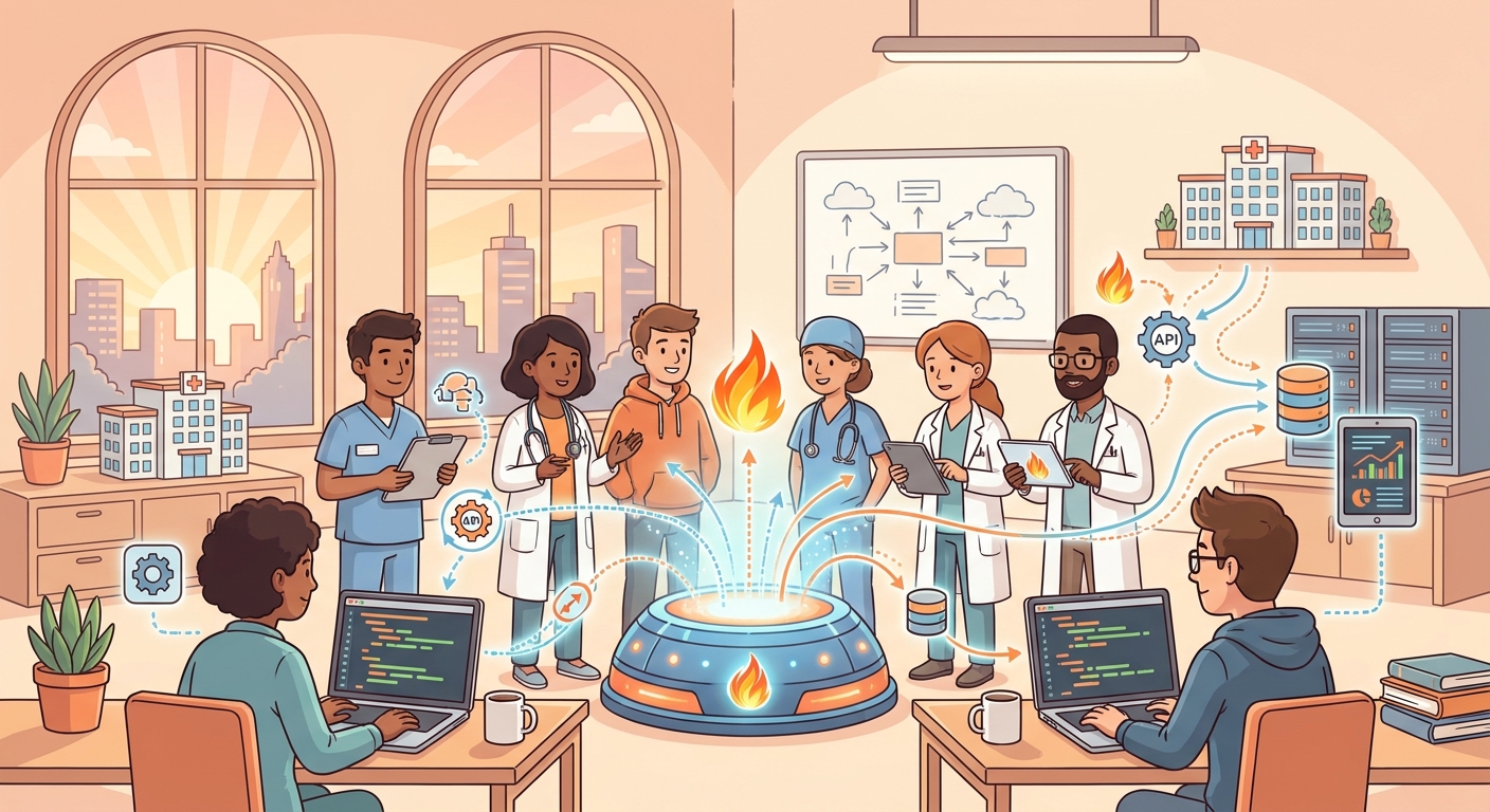 Developers and healthcare workers collaborating around a central data hub with API connections flowing between systems